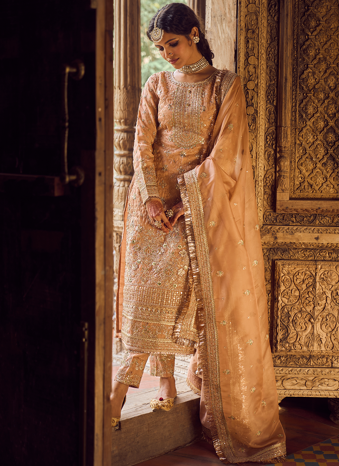 Dusty Peach Embroidered Straight Suit
