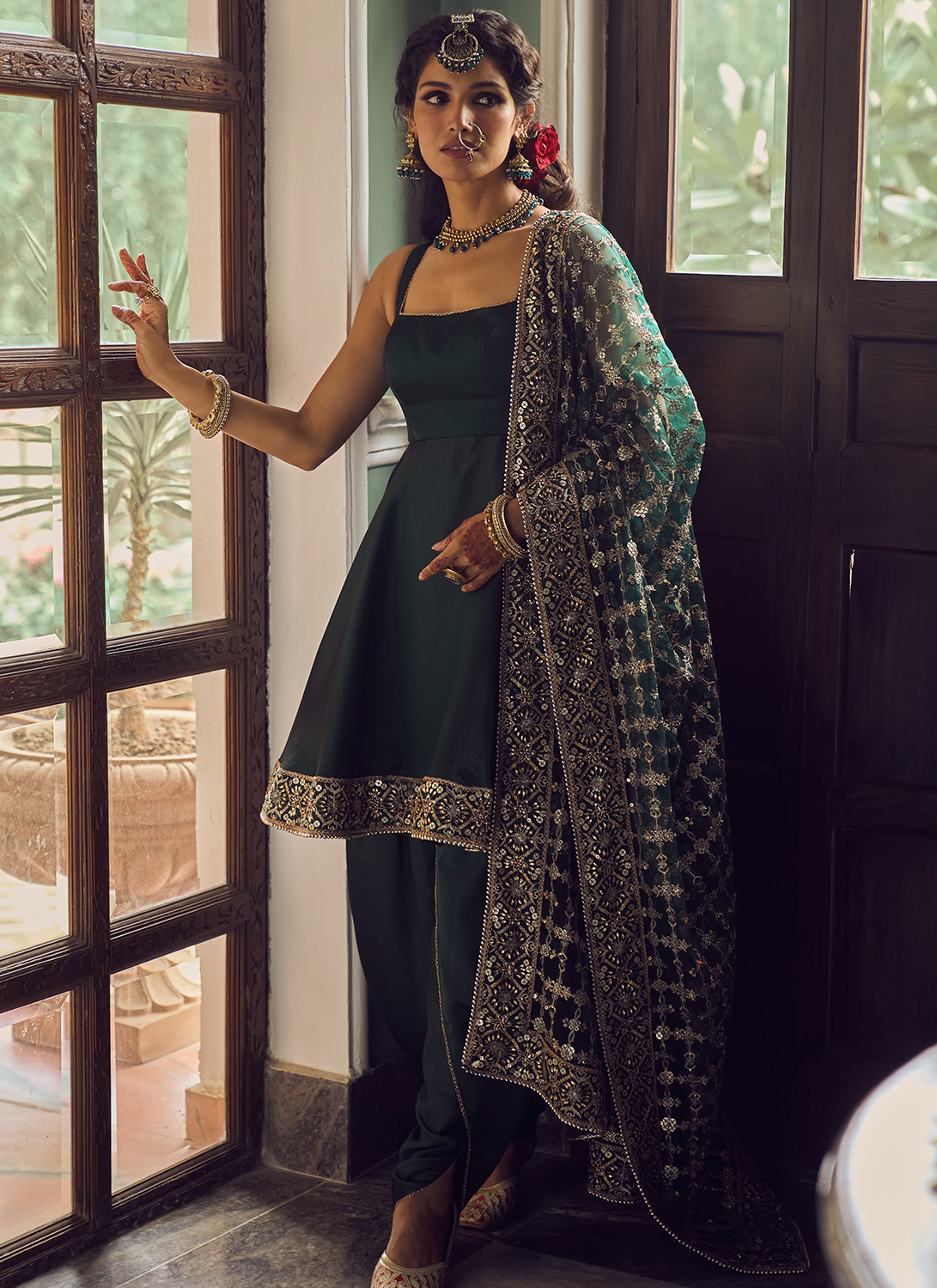 green dhoti dress Dark Style Punjabi Suit Emerald Gold