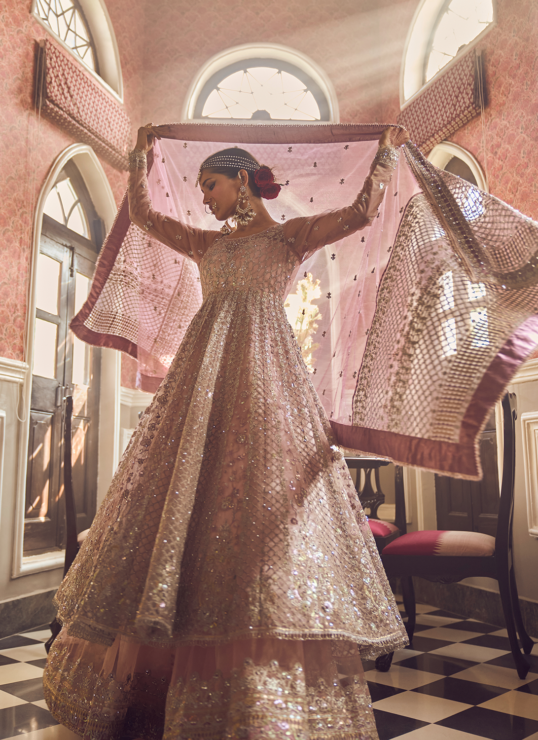 Light Pink Embroidered Anarkali Style Lehenga