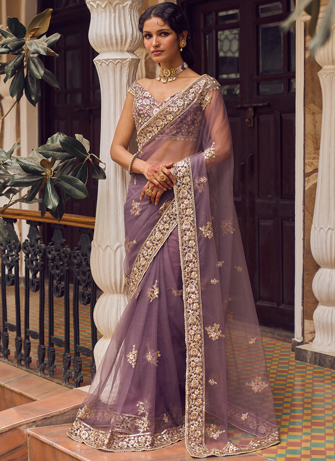 Dusty Purple Embroidered Saree