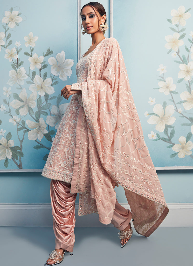Nude Pink Thread Embroidered Punjabi Suit