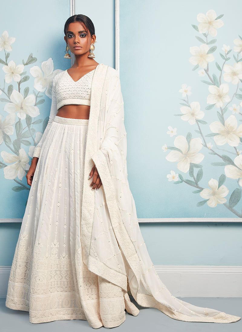 Off White Thread Embroidered Lehenga