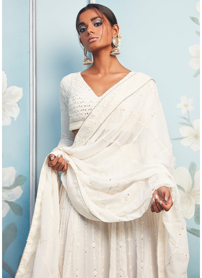 Off White Thread Embroidered Lehenga