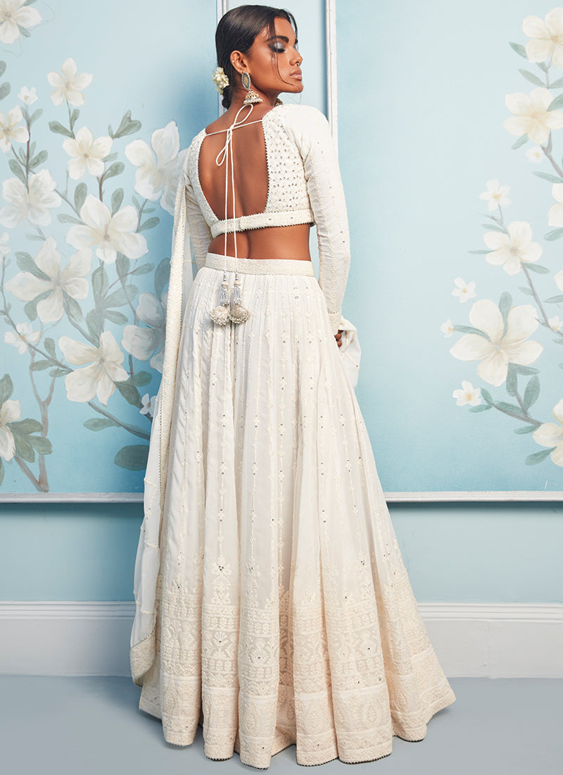 Off White Thread Embroidered Lehenga