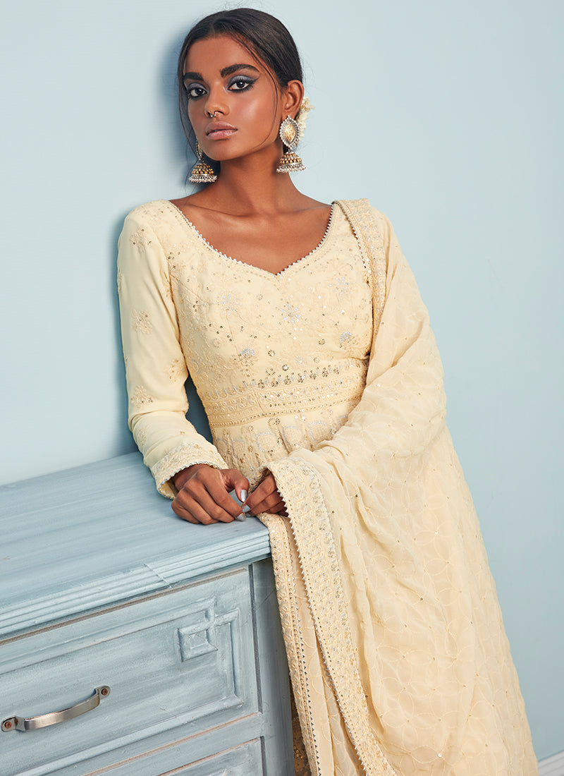 Soft Yellow Thread Embroidered Anarkali