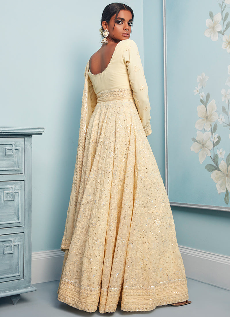 Soft Yellow Thread Embroidered Anarkali