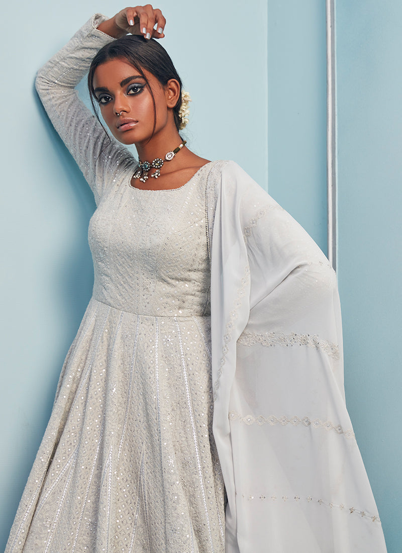 Light Grey Thread Embroidered Anarkali