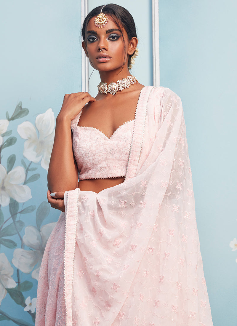 Light Pink Thread Embroidered Lehenga