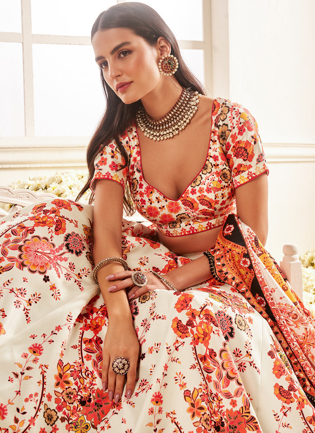 Orange Multicolor Floral Printed Lehenga