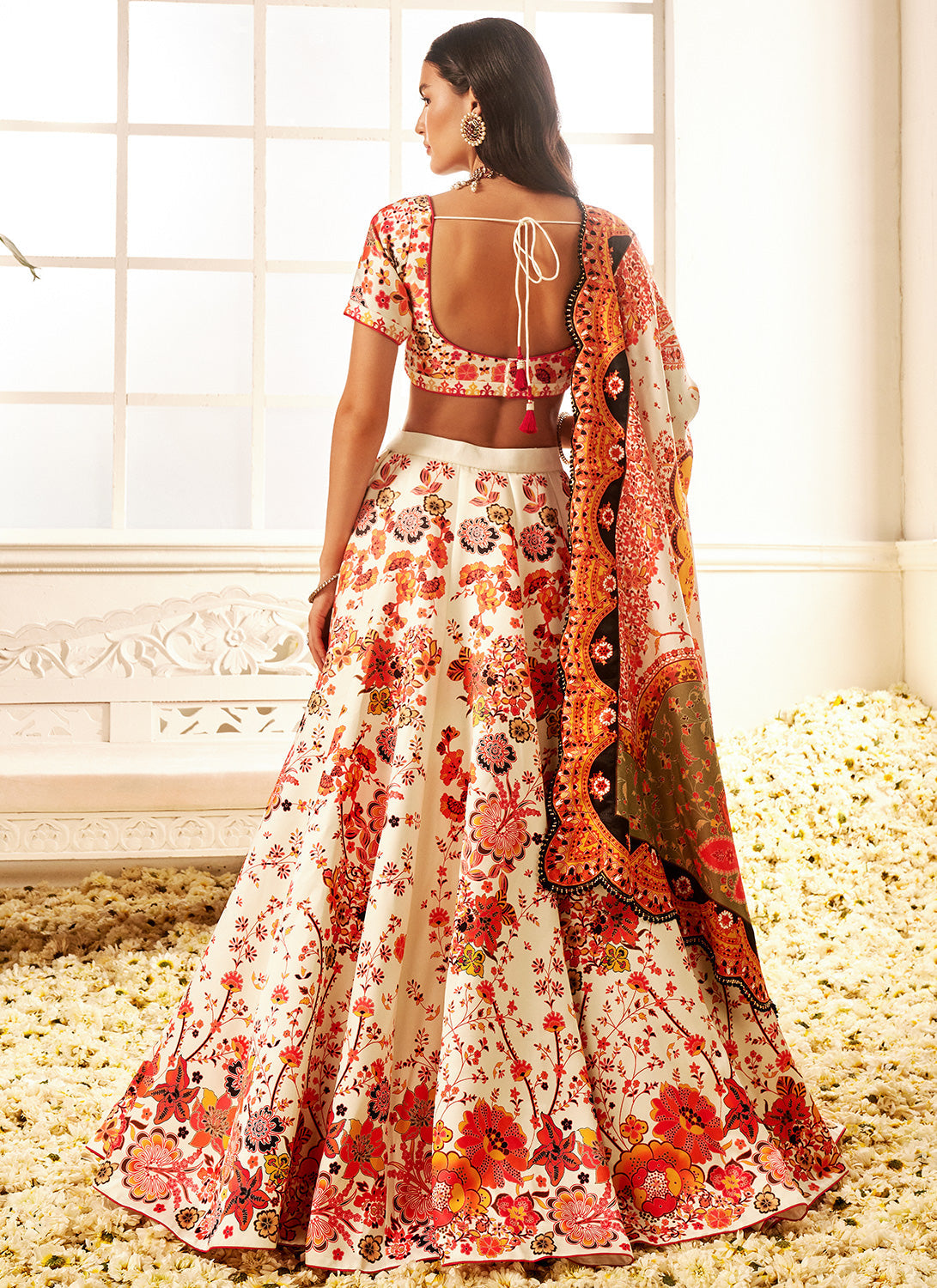 Orange Multicolor Floral Printed Lehenga
