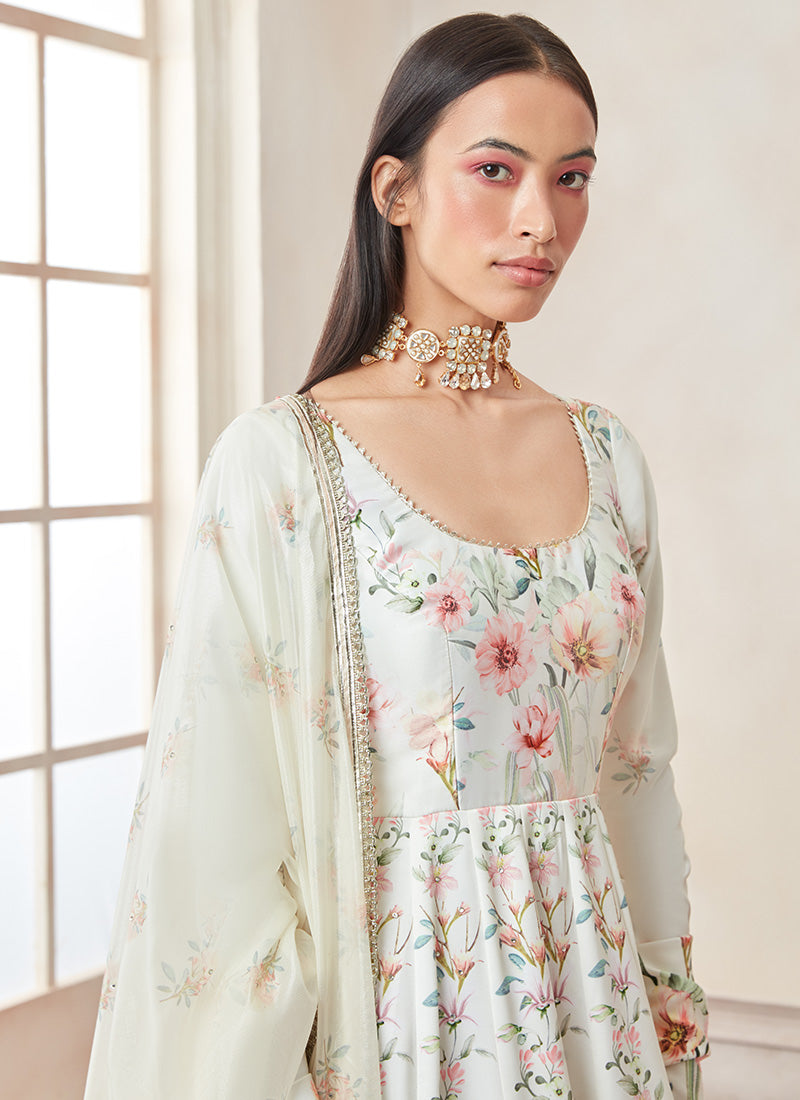 Off White Multicolor Floral Printed Anarkali