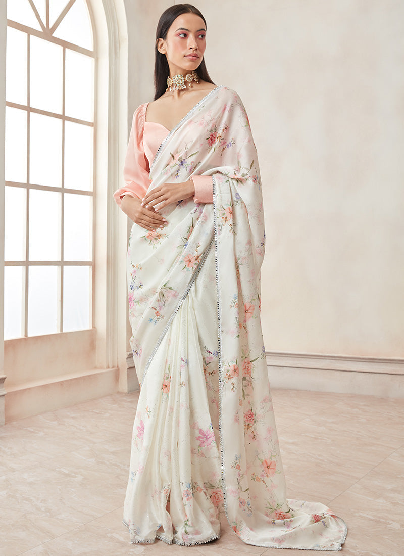 Peach and Off White Satin Georgette Saree