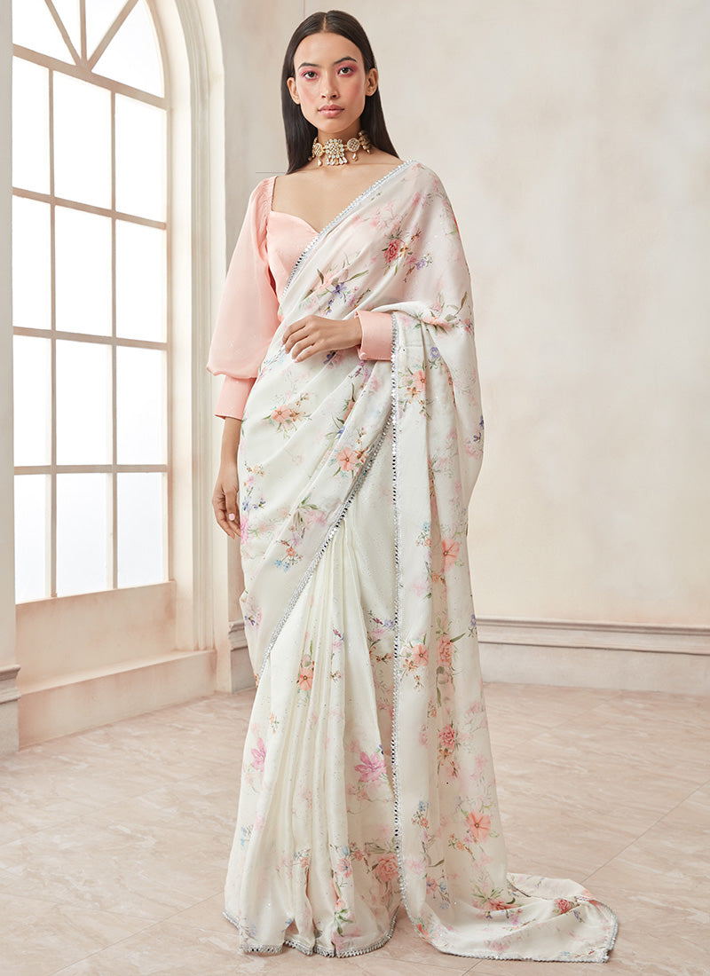 Peach and Off White Satin Georgette Saree