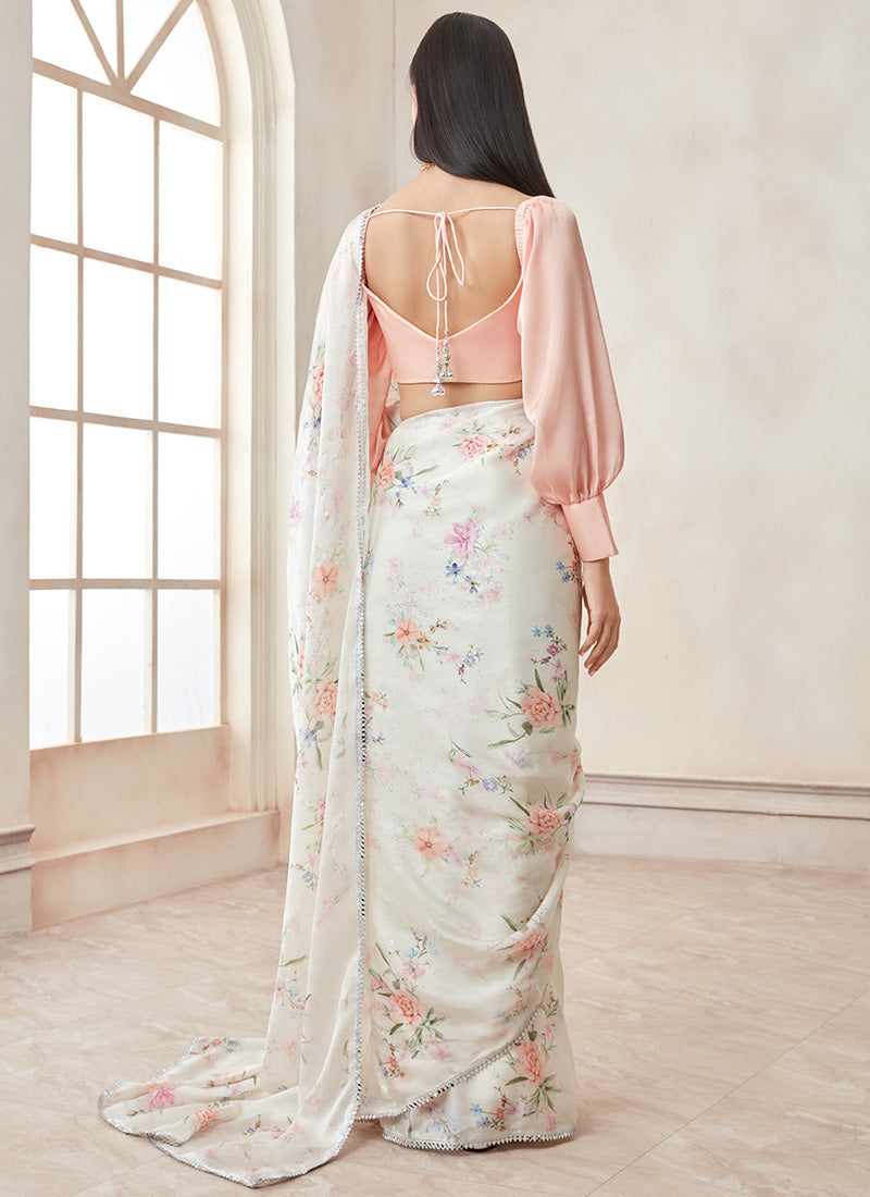 Peach and Off White Satin Georgette Saree