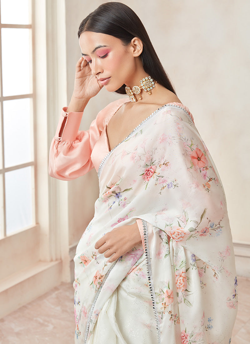 Peach and Off White Satin Georgette Saree