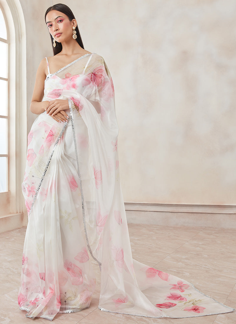 White and Hot Pink Floral Organza Saree
