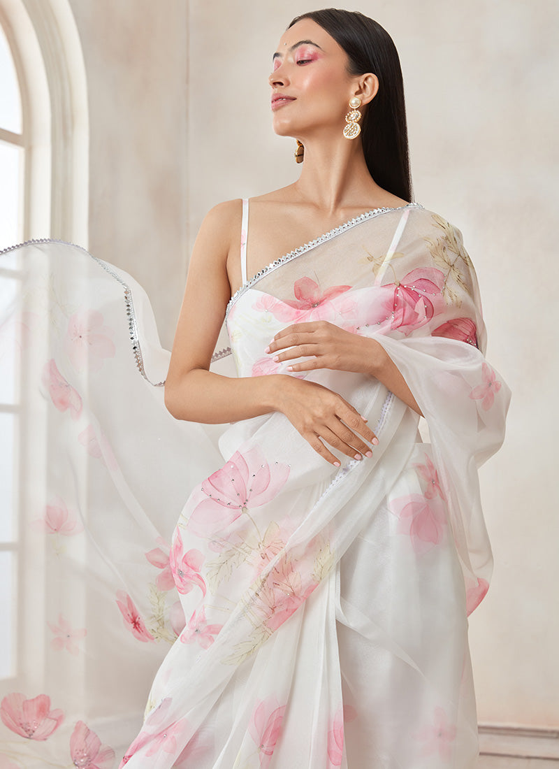 White and Hot Pink Floral Organza Saree