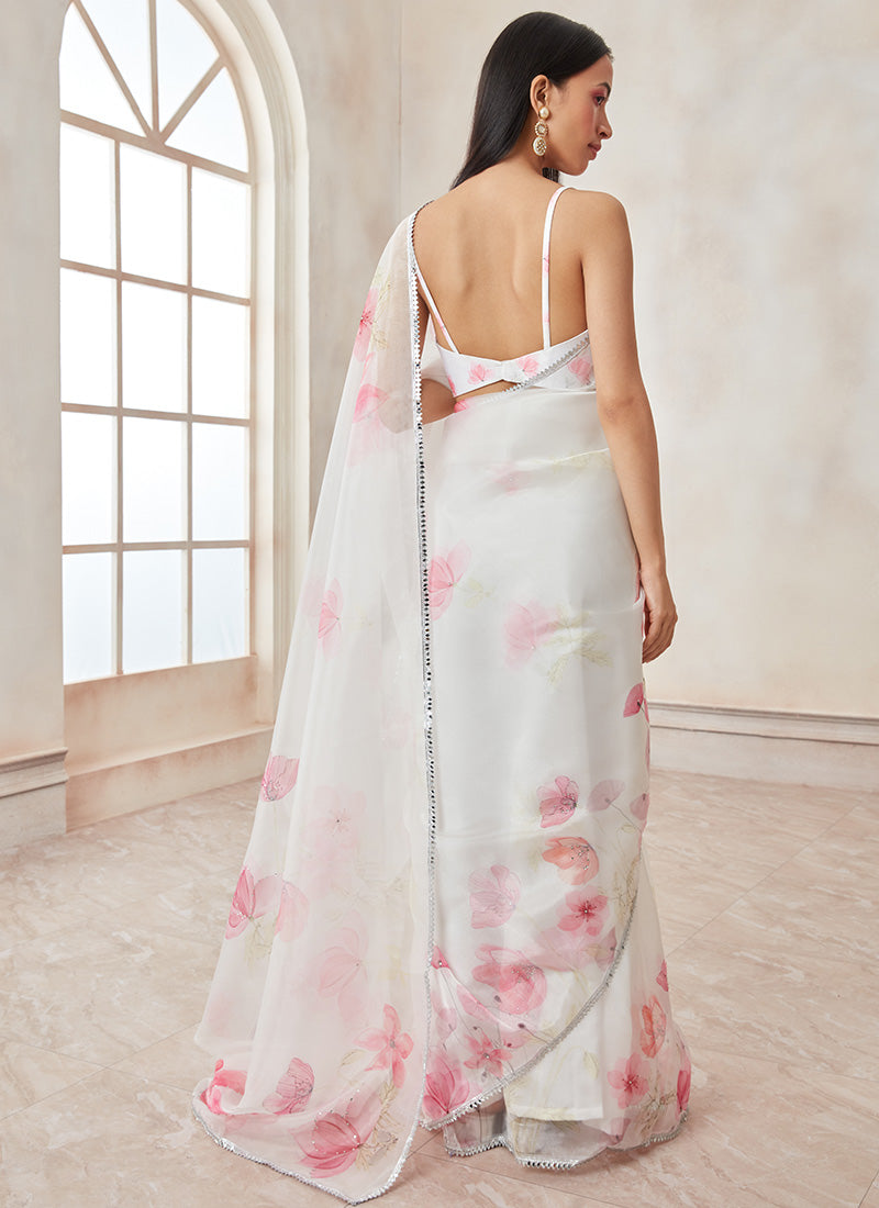 White and Hot Pink Floral Organza Saree