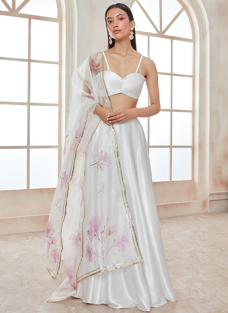 White Satin Lehenga With Floral Dupatta