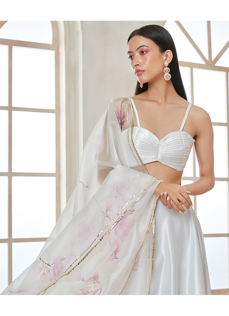 White Satin Lehenga With Floral Dupatta