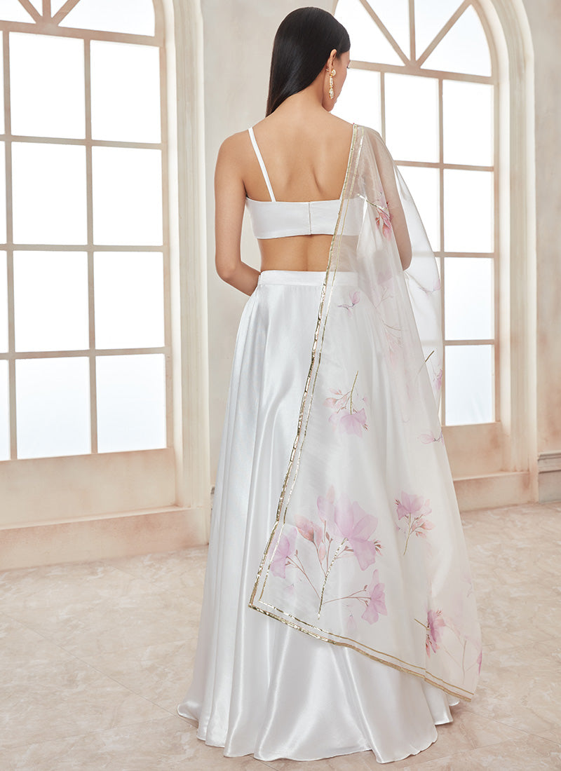 White Satin Lehenga With Floral Dupatta