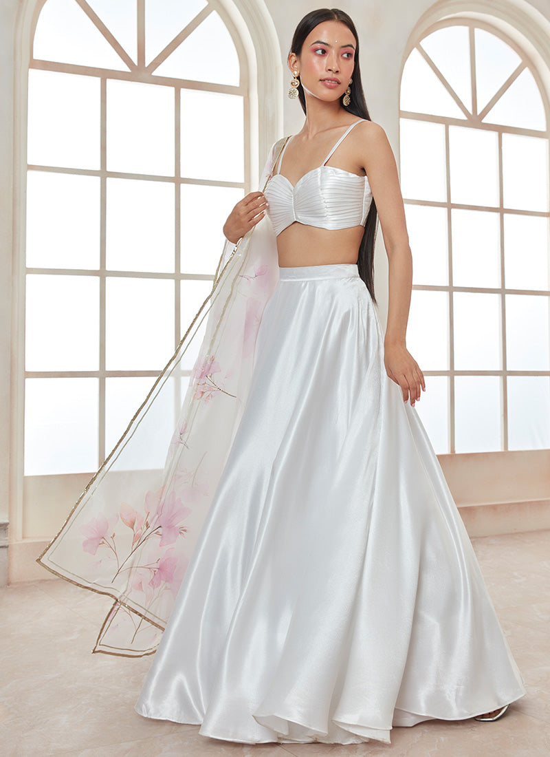 White Satin Lehenga With Floral Dupatta