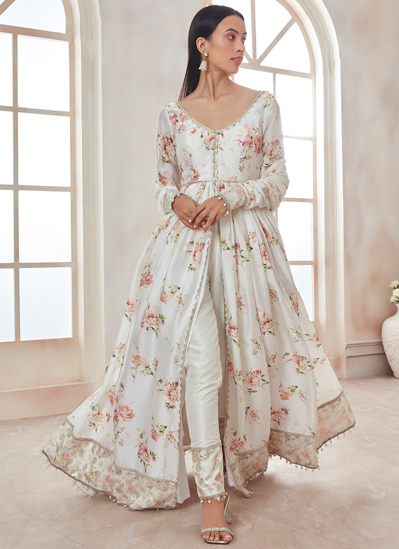 White Floral Pant Style Anarkali