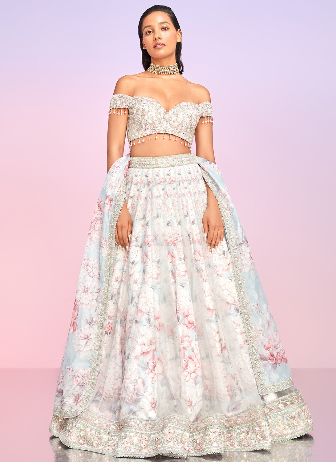 Dusty Blue and Pink Floral Embellished Lehenga