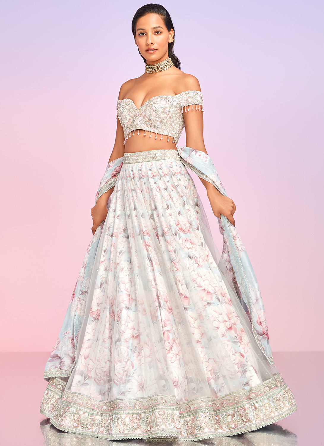 Dusty Blue and Pink Floral Embellished Lehenga