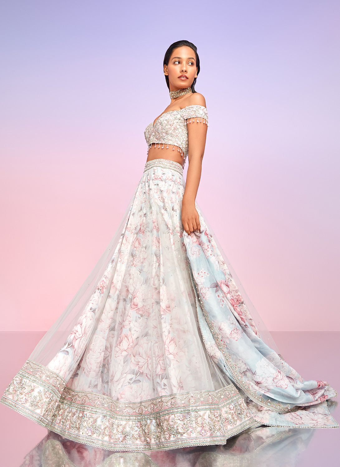 Dusty Blue and Pink Floral Embellished Lehenga