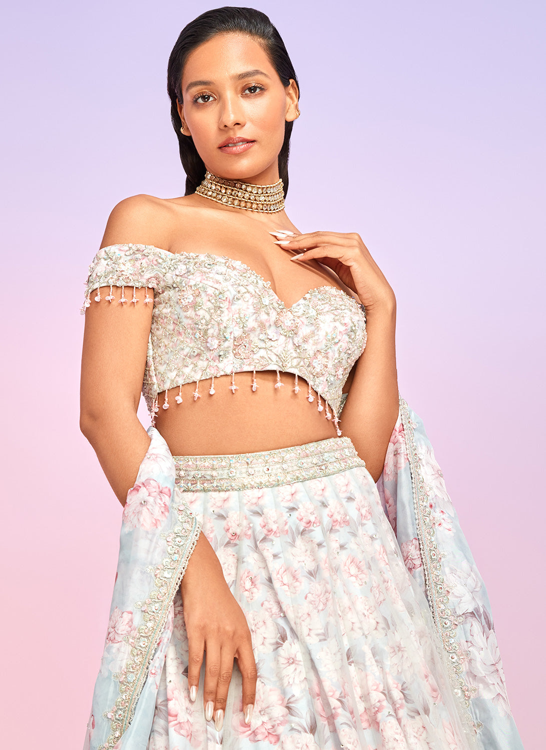 Dusty Blue and Pink Floral Embellished Lehenga