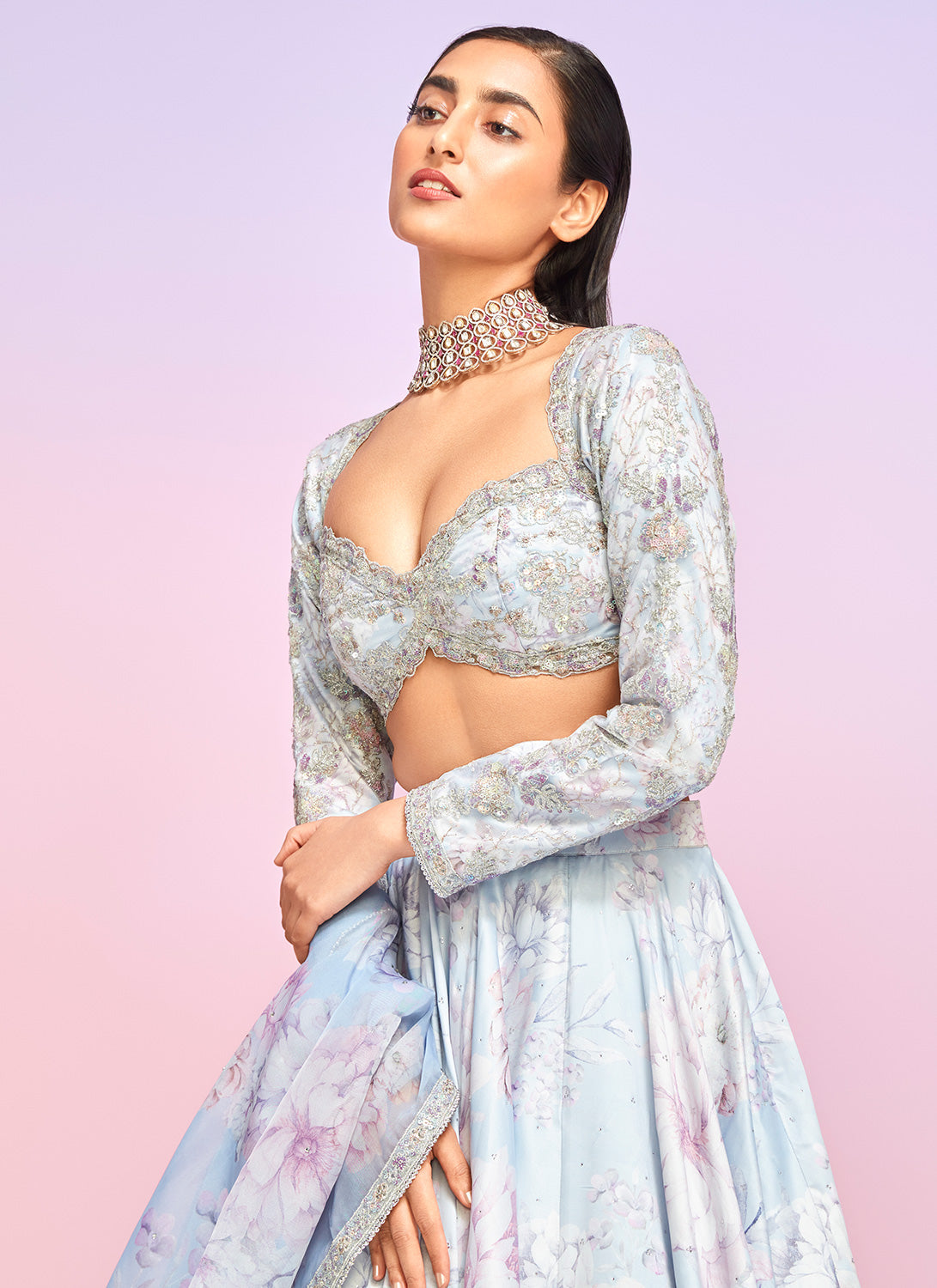 Light Dusty Periwinkle Floral Embellished Lehenga