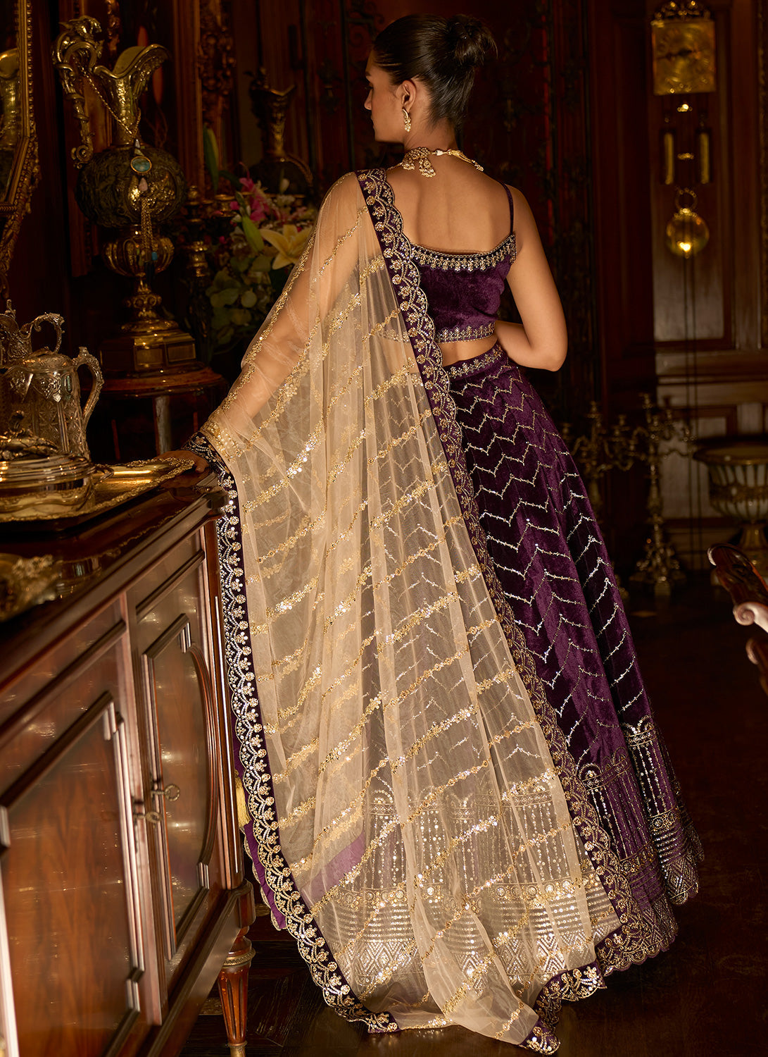 Deep Purple Embroidered Velvet Lehenga