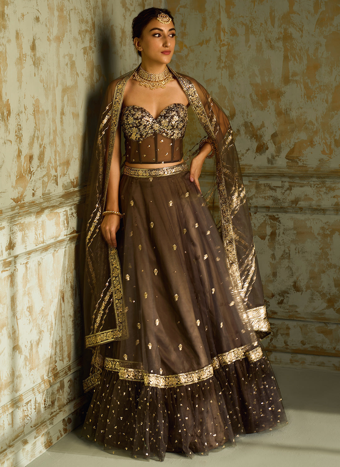 Dark Grey Embellished Corset Style Lehenga