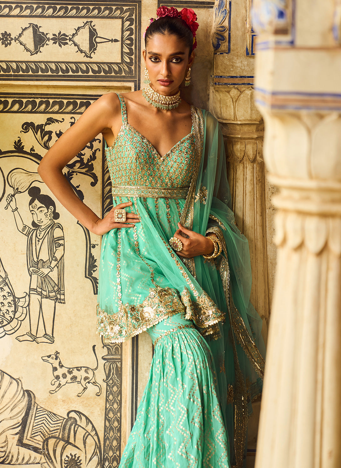 Mint Green Embroidered Peplum Style Gharara