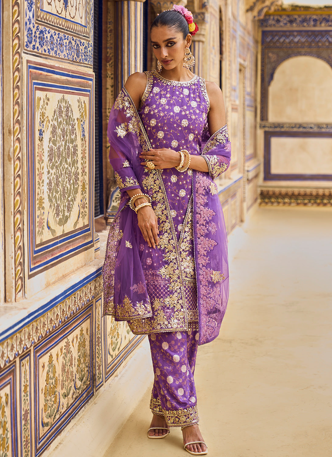 Purple and Gold Hand Embroidered Palazzo Suit