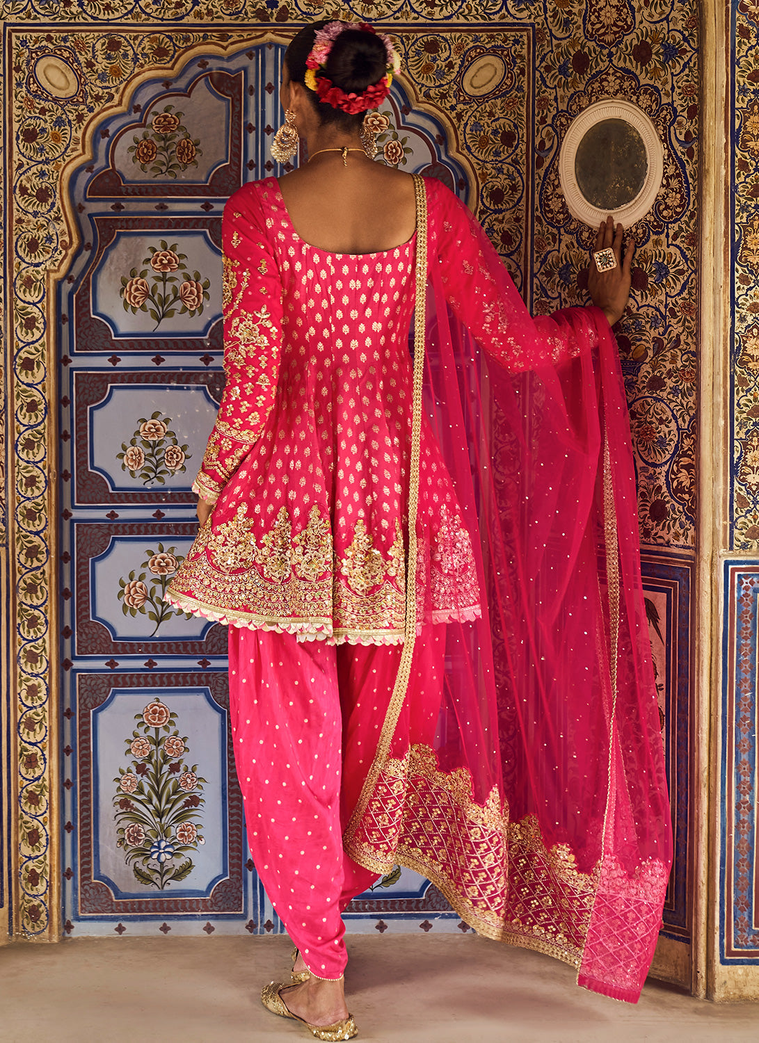 Hot Pink Embroidered Dhoti Style Punjabi Suit