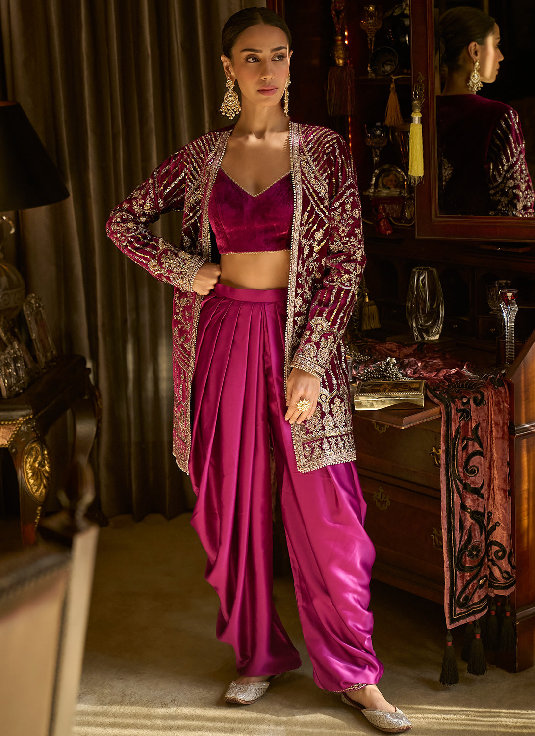 Majenta and Gold Embroidered Halter Suit Set