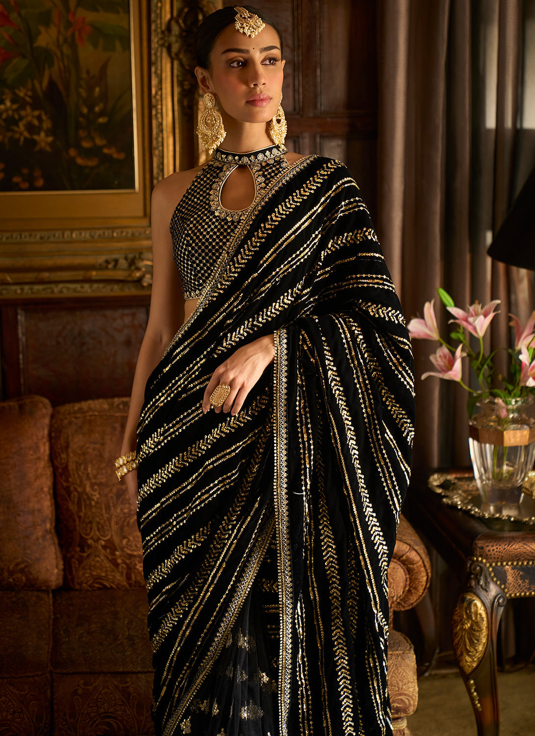 Black Embroidered Velvet Saree