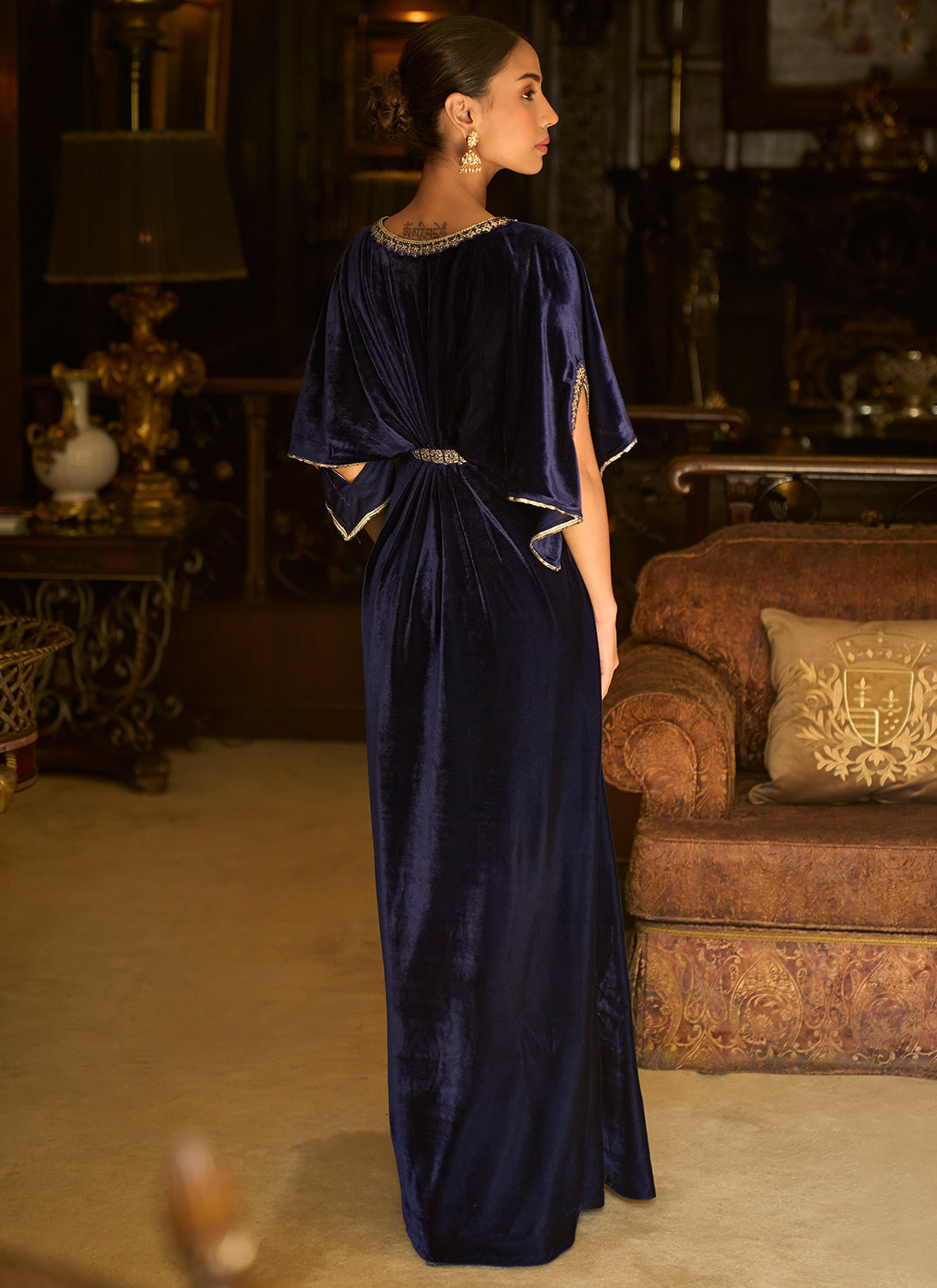 Blue Embroidered Velvet Kaftan