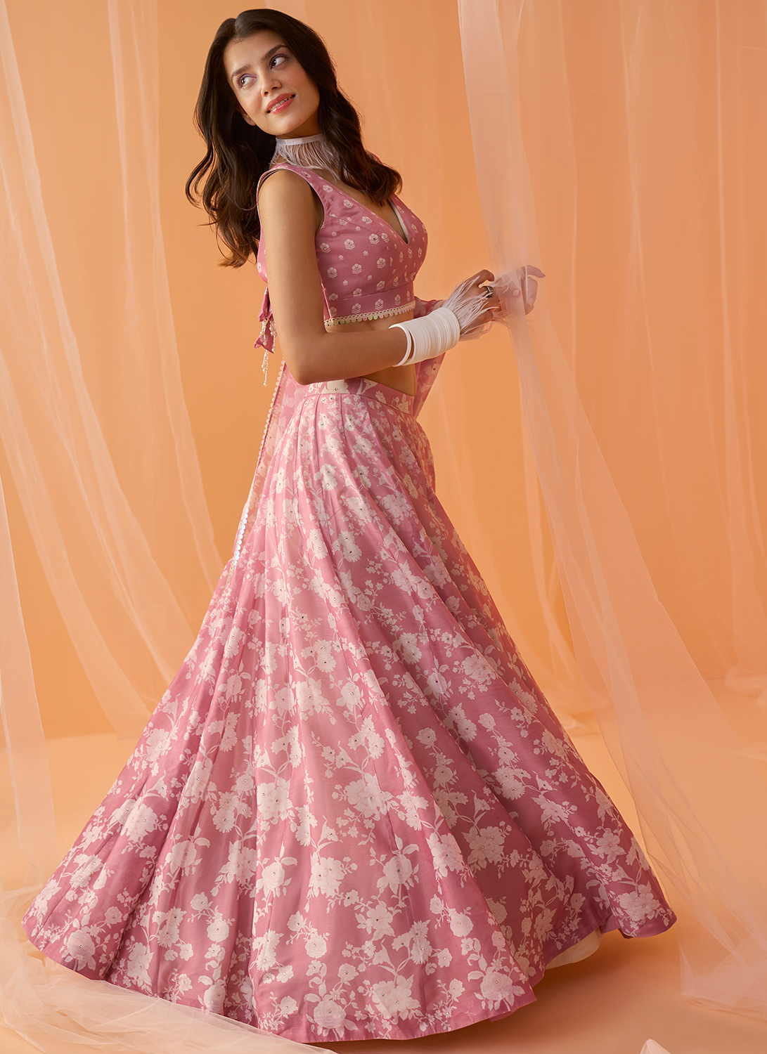 Dusty Pink White Floral Printed Lehenga