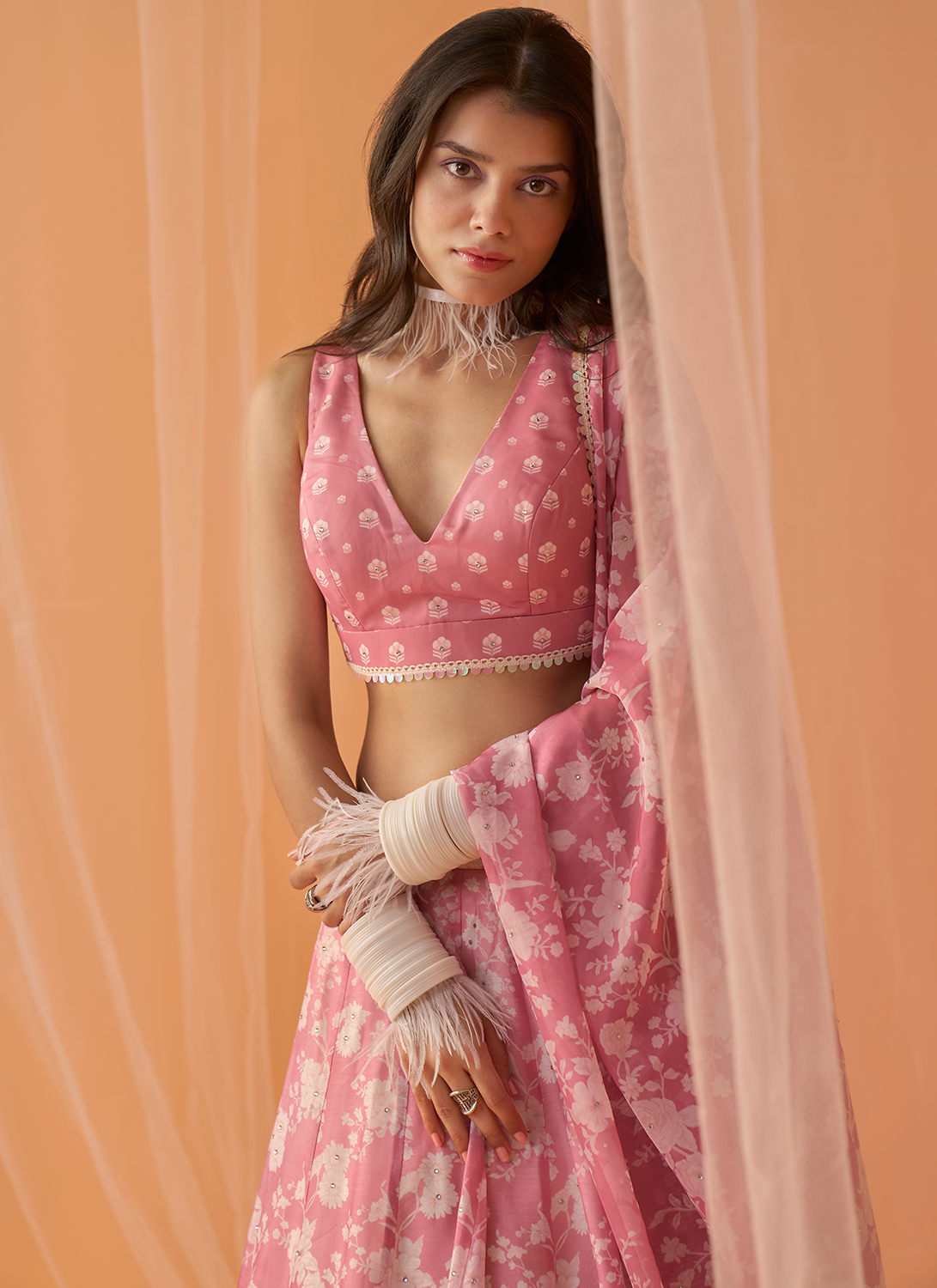 Dusty Pink White Floral Printed Lehenga