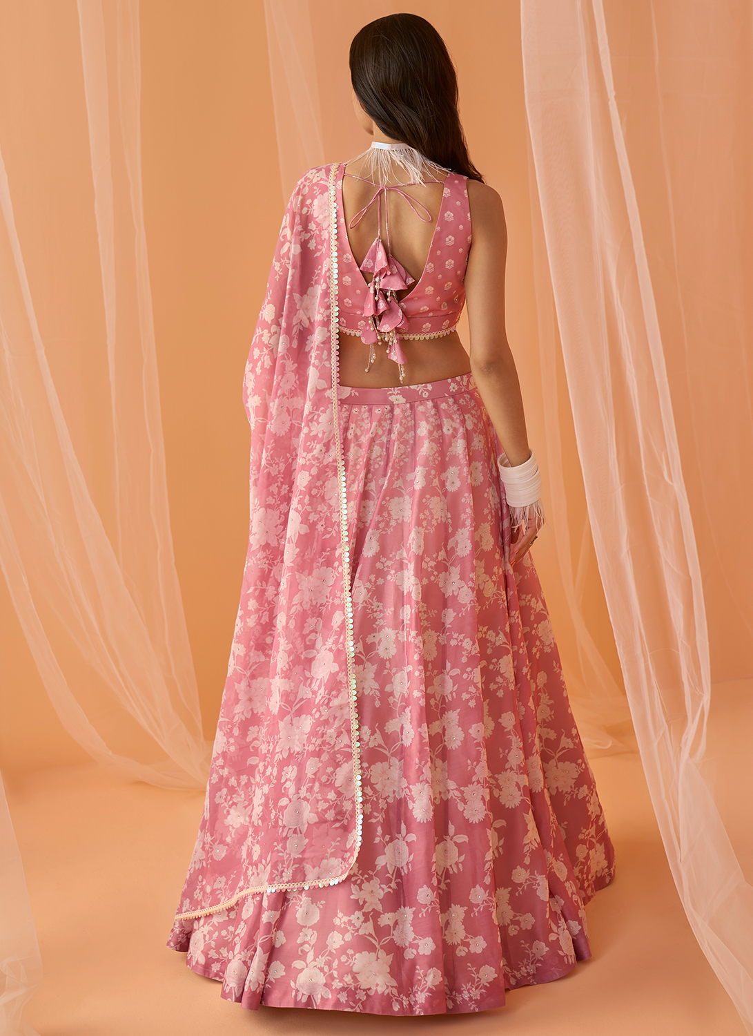 Dusty Pink White Floral Printed Lehenga