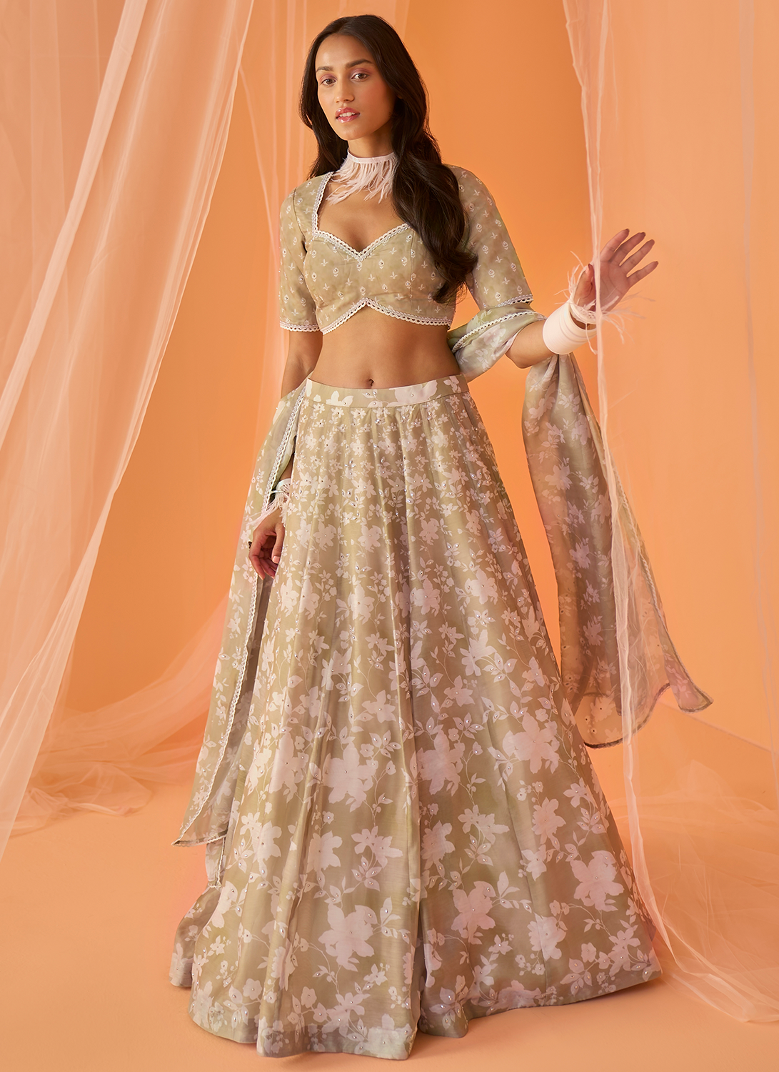 Light Olive White Floral Printed Lehenga