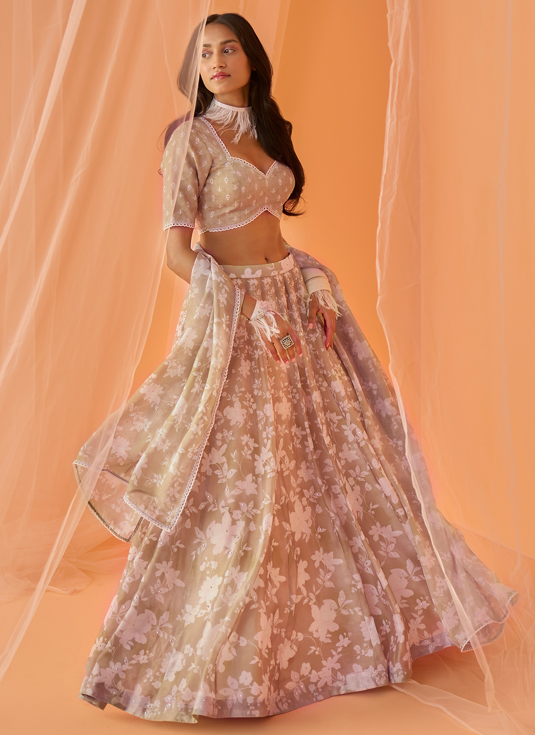 Light Olive White Floral Printed Lehenga