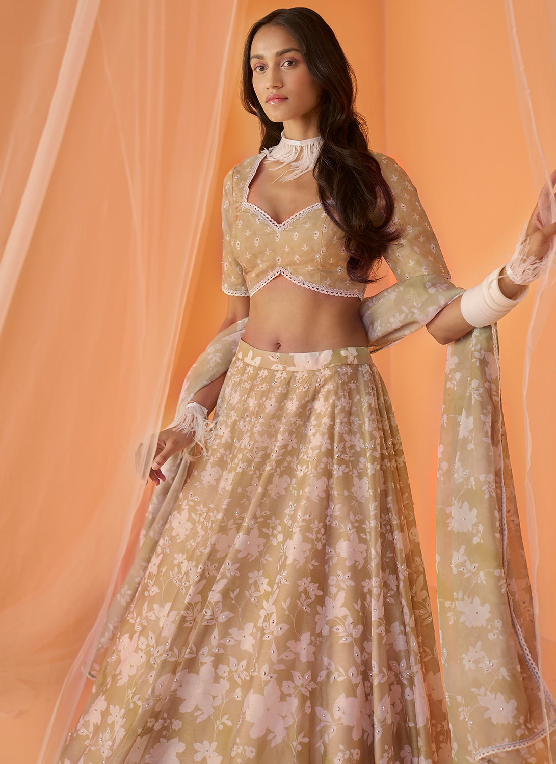 Light Olive White Floral Printed Lehenga