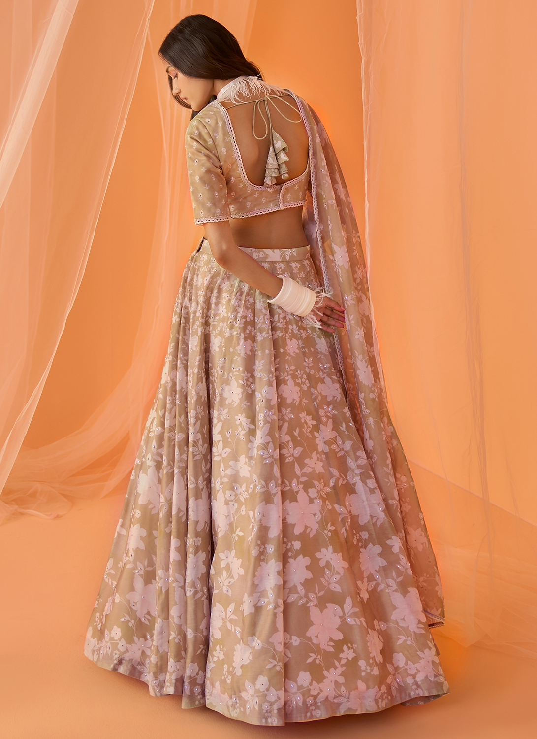 Light Olive White Floral Printed Lehenga