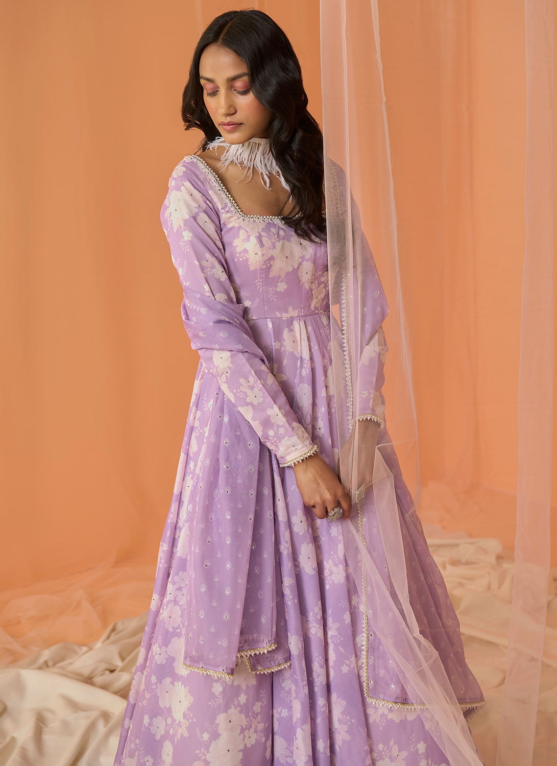 Lilac White Floral Printed Anarkali