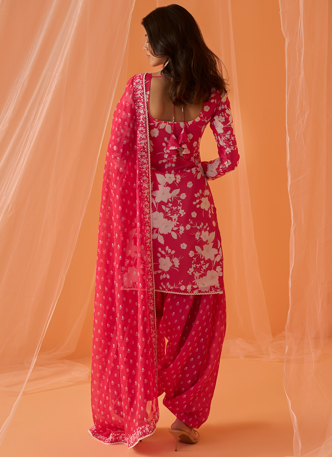 Hot Pink White Floral Printed Straight Suit
