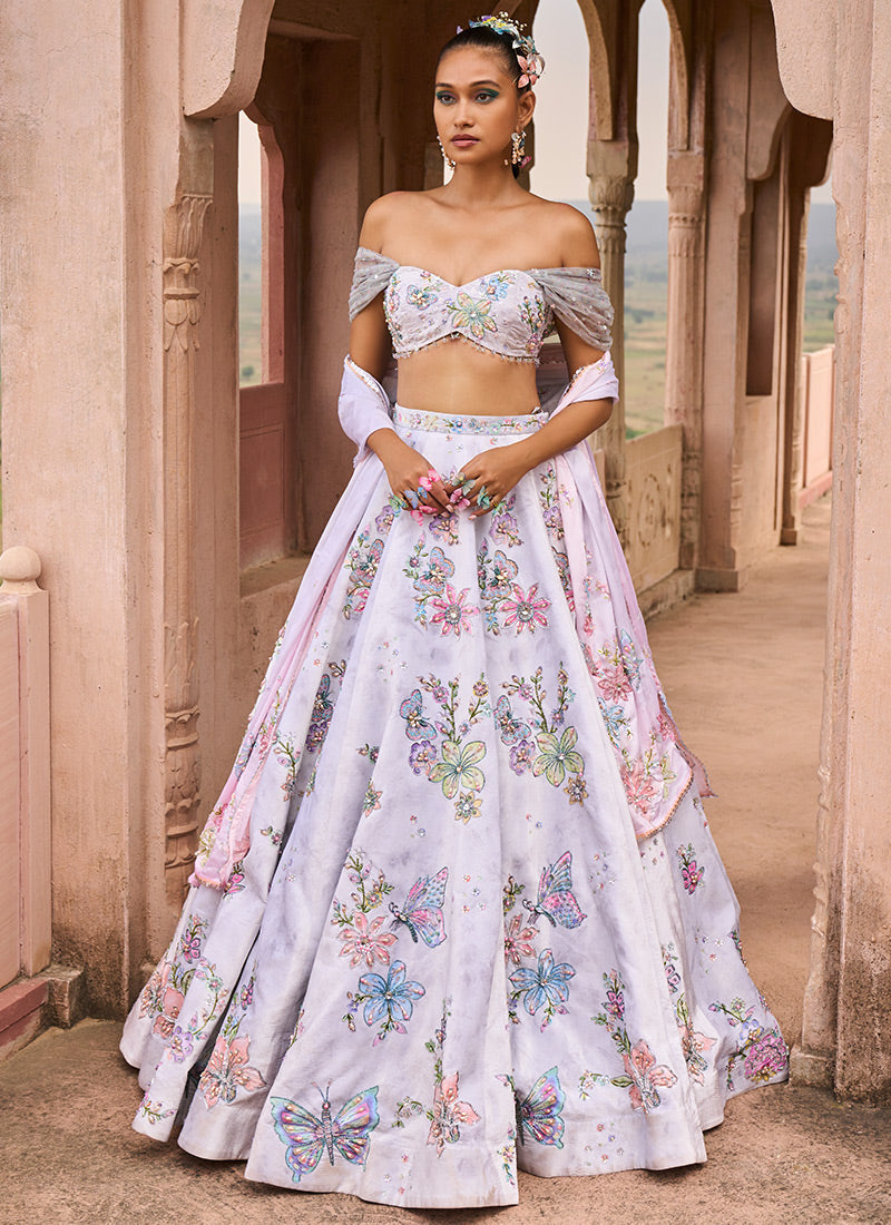 Light Grey Off Shoulder Embellished Velvet Lehenga